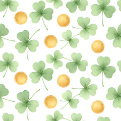 Vibrant shamrocks and gold coins on white background for St. Patrick's Day St. Patrick's Day