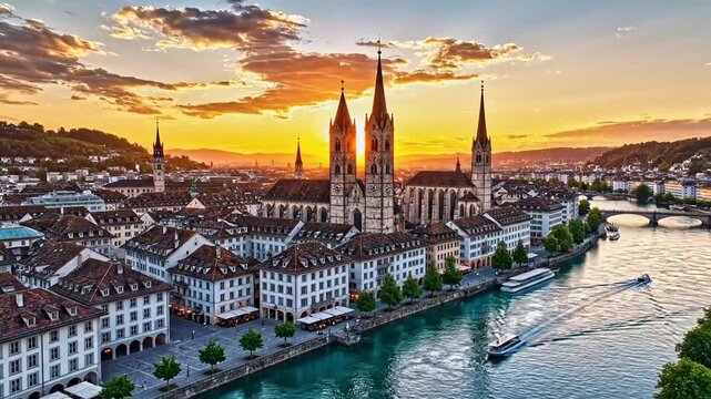 Beautiful Zurich Cityscape at Sunset with River and Churches.