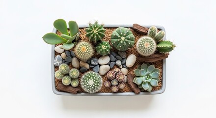 Fototapeta premium Rectangular planter features various cacti succulents pebbles wood fragments