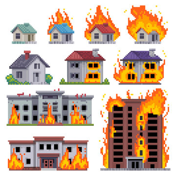 Pixel art houses and buildings on fire