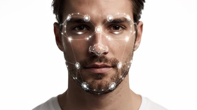 Close up portrait of a man's face with a digital overlay featuring points and lines for recognition technology against a white studio background.