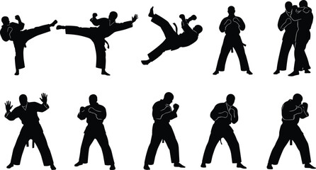Large collection of black karate and martial arts silhouettes featuring fighters in various combat poses, high kicks, and defensive stances isolated on white background. © MdAnisur