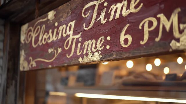 A weathered wooden sign, hand-painted with gold lettering, indicates business closing time
