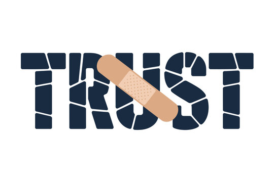 Cracked trust word with band aid on white
