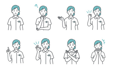 Naklejka premium 女性看護師の表情・ポーズ8点セット（笑顔・疑問・案内・NGなど）