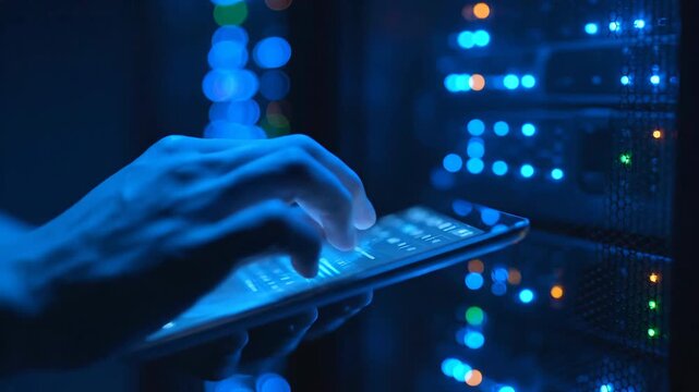 Close up of a person's hands interacting with a tablet device in a dimly lit data center environment with glowing server racks.