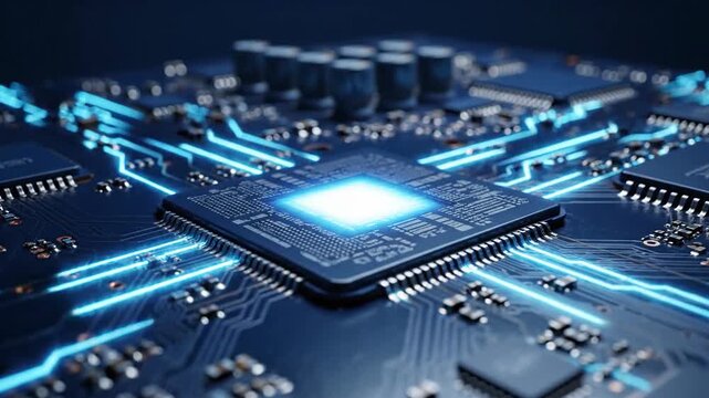 Circuit board motherboard close up with integrated microprocessor technology