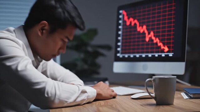 Frustrated businessman stressed by stock market crash and financial loss at night.