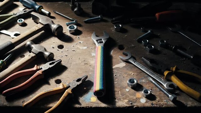Overhead Shot Of Colorful Adjustable Wrench Surrounded By Various Tools On A Wooden Workbench