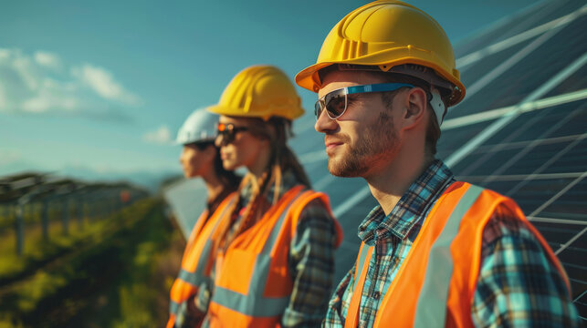 Professional engineers wearing hard hats and safety vests standing at a solar panel farm. Renewable energy and green sustainability concept.