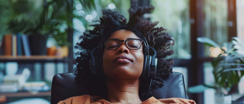 Young woman wearing headphones with her eyes closed, relaxing in a cozy green indoor environment. Concept of mindfulness and peace.