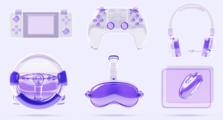 Video game 3d render icon set with transparent purple design. Glass holographic transparent gamepad joystick, handheld console, racing wheel, vr headset, headphones, computer mouse. 3D illustration © marozhkastudio