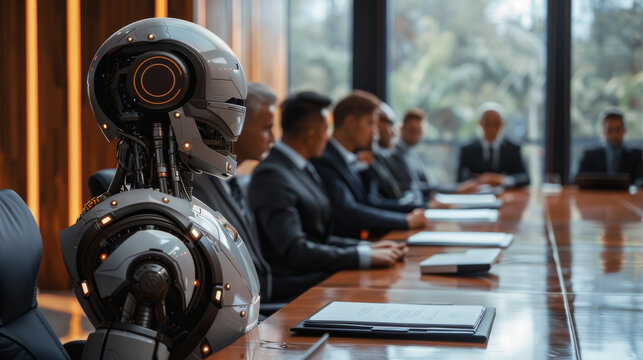 Advanced humanoid robot sitting at a boardroom table with human professionals during a corporate meeting. Artificial intelligence integration.