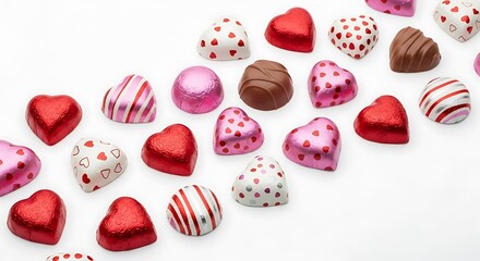 Assorted heart-shaped chocolates in various colors and flavors displayed together