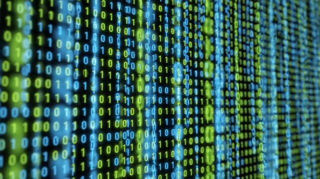 Rows of glowing binary code in green and blue shimmer on a dark background