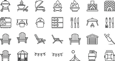 Large collection of outdoor living line icons featuring barbecue grills, patio furniture, fire pits, and camping equipment isolated on white background for lifestyle vector. © MdAnisur