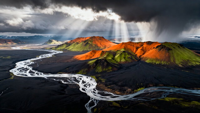Icelandic Highlands, Sweeping aerial panorama of Icelands highland interior, rhyolite mountains in vibrant orange and green