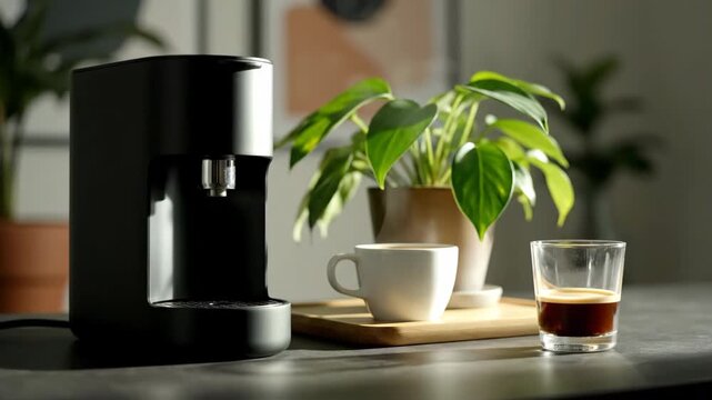 A modern black coffee machine sits on a dark table, brewing fresh espresso into a clear glass next to a white cup. A lush green plant adds a touch of nature in the background.