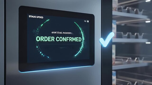 A digital display showing product icons like milk cartons, eggs, and a reorder button