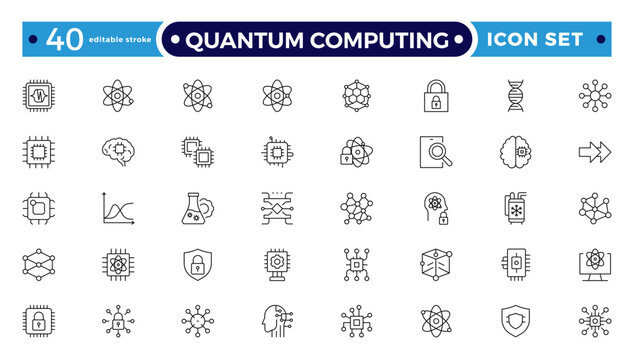 Quantum Computing outline icon set for AI Hardware and Acceleration, Featuring GPU Card, AI Accelerator Chip, Server Rack, CPU, RAM, Motherboard, Data Flow. Editable stroke outline icon.
