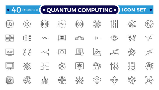 Quantum Computing outline icon set for AI Hardware and Acceleration, Featuring GPU Card, AI Accelerator Chip, Server Rack, CPU, RAM, Motherboard, Data Flow. Editable stroke outline icon.
