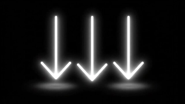Three glowing white neon arrows pointing downwards on a dark background