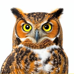 Obraz premium Detailed Portrait of an Owl with Striking Yellow Eyes on a White Background