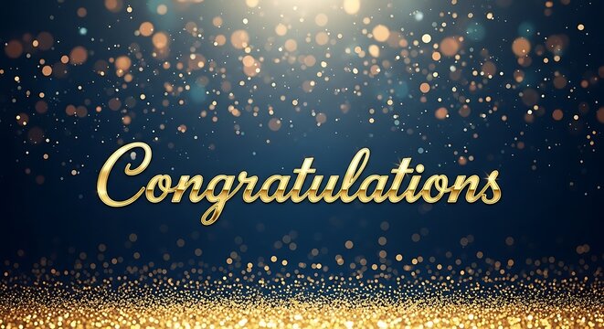 Elegant golden 'Congratulations' text shines against a deep navy blue background with falling gold glitter sparkles.