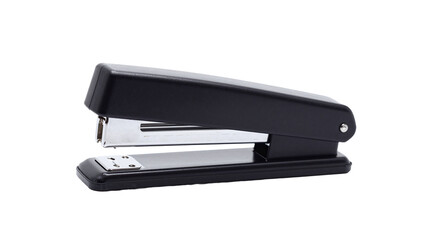 Black stapler isolated on white background, office supply for binding papers together, essential tool