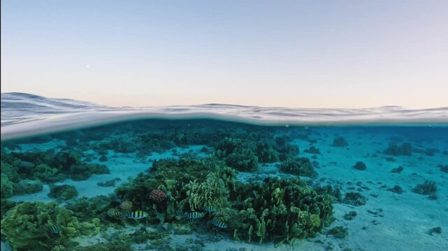 Half underwater view of shallow coral reef with Abudefduf sergeant major fish near surface