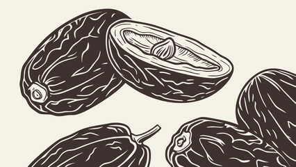 Fototapeta premium A black and white vector illustration of cacao pods in a minimalist line art style