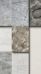 Collection of various textured stone and concrete surfaces.