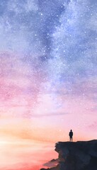 Fototapeta premium Tranquil figure admires sunset Milky Way serene landscape illustration inspires hope and peaceful reflection