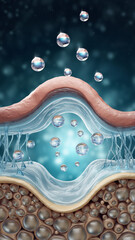 Close-up illustration of water droplets on skin and under the surface.