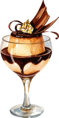 Elegant chocolate pudding in a glass cup decorated with gold accents watercolor illustration