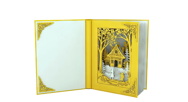 Open Yellow Book with Paper Cutout Scene of a House and Figures