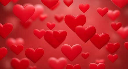 A vibrant sea of red hearts floating in space with a soft gradient background