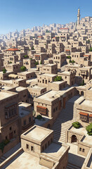 Fototapeta premium Aerial view of ancient Middle Eastern cityscape with architecture and buildings in a desert environment