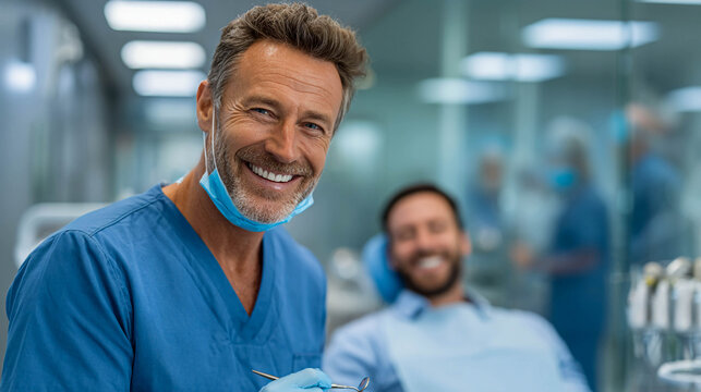 Smiling dentist in blue scrubs looking at camera with dental tool in hand, happy patient in background, modern dental clinic, professional healthcare and confident healthy smile.