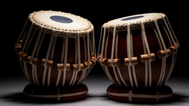 Traditional Indian Tabla Drums: A Pair of Hand-Carved Percussion Instruments for Classical Hindustani Music Performance on a Dark Background