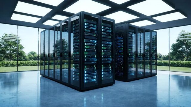 A modern data center featuring rows of server racks glowing with blue lights. Large glass windows reveal lush green trees outside, creating a contrast between technology and nature.