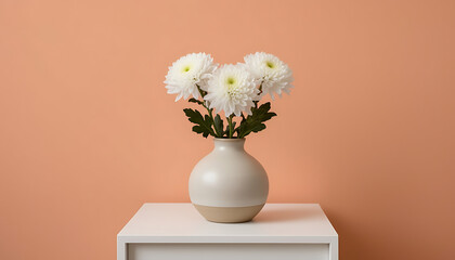 Fresh white chrysanthemums in neutral vase on soft pink background white side table for home decor