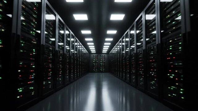 A long, dark corridor in a modern data center filled with rows of servers. Blinking lights in red, green, and blue illuminate the futuristic space.
