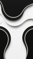 Abstract black and white flowing shapes with glowing edges and smooth curves.