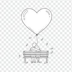 a drawing of a couple sitting on a bench with a heart shaped balloon, tree pata