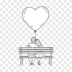  a drawing of a couple sitting on a bench with a heart shaped balloon