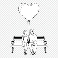 a drawing of a man and woman sitting on a bench with a heart shaped balloon