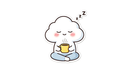 Cute cloud character holding steaming cup, eyes closed, blushed cheeks, sitting cross-legged for peaceful stock designs