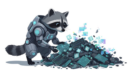 Adorable cyber raccoon in high-tech armor examining a heap of glowing digital blocks with futuristic design