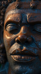 Close-up of a weathered, wooden carved face sculpture with detailed features.